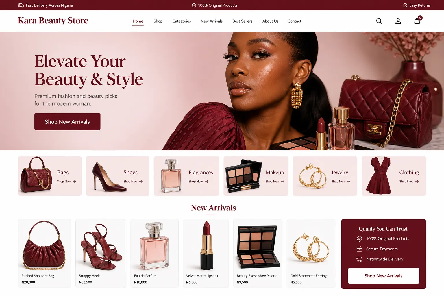 Ecommerce website storefront design for a Nigerian fashion and beauty store