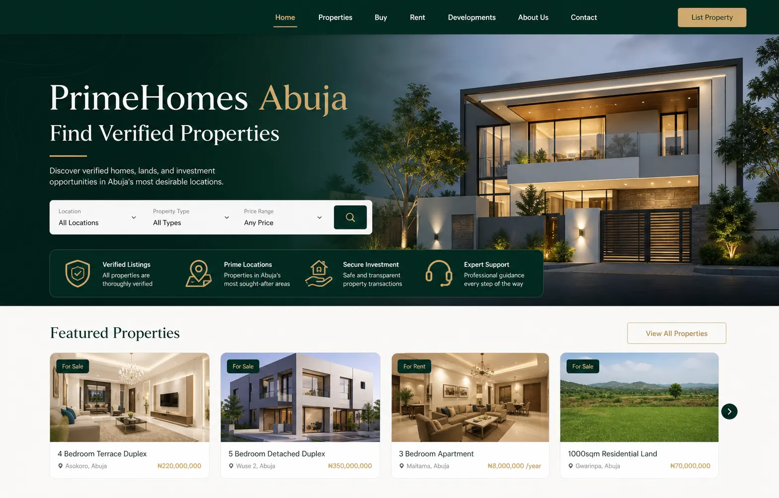 Real estate website homepage design for an Abuja property business