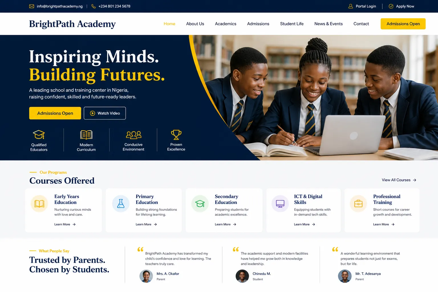 School website homepage design for a Nigerian academy or training center